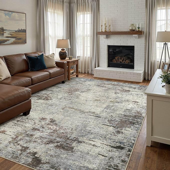 DMOYEST Area Rug Living Room Rugs - 8x10 Washable Large Soft Indoor Neutral Modern Abstract Low Pile Rug Carpet for Bedroom Dining Room Farmhouse Home Office - Brown Rust