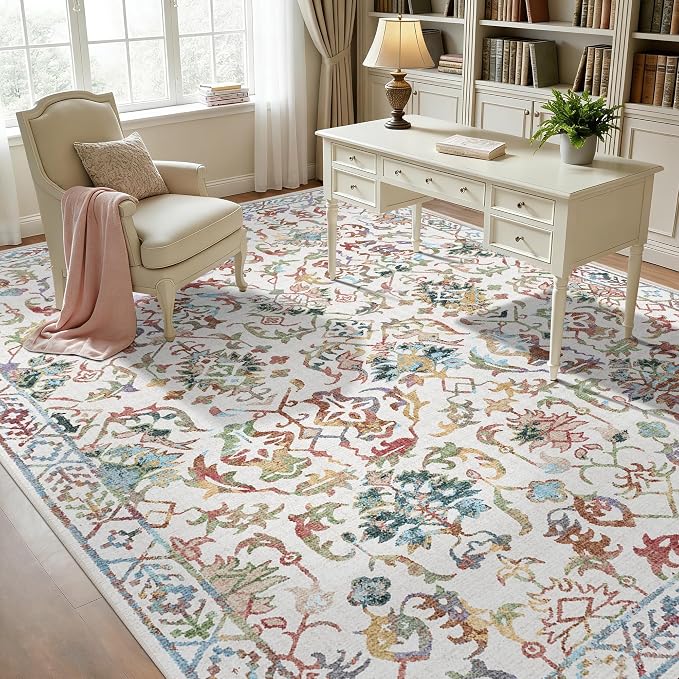 Deerly Area Rugs 9x12 for Living Room Soft Non-Slip, Large Bedroom Rug Vintage Floral Dining Room Rug Tribal Farmhouse Carpet for Bedroom Dining Room Office Colorful