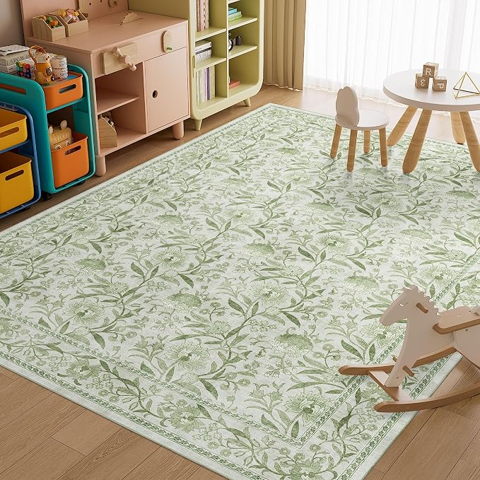 DUKINO 9x12 Area Rug for Living Room Vintage Floral Washable Rug Sage Green | Non Slip, Low Pile, Non-Shedding, Stain Resistant, Aesthetic Soft Indoor Large Carpet for Bedroom Dining Room Farmhouse