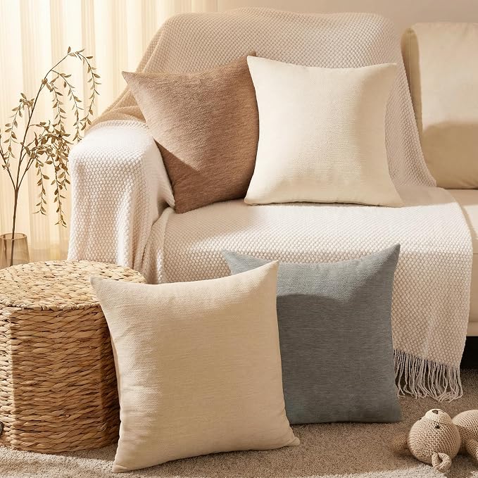 Set of 4 Neutral Throw Pillow Covers 22x22 Inch, Neutral Boho Farmhouse Aesthetic Decorative Pillow Cases for Couch, Sofa, Living Room & Bed, Soft Chenille Pillow Cases, Stylish Home Decor, 55x55 cm
