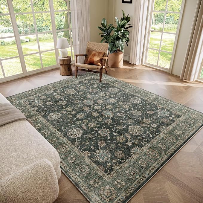 Boho Washable 6x9 Area Rugs for Living Room, Cushioned, Sage Green | Vintage Non-slip Neutral Oriental Rugs for Bedroom Dining Room Nursery Office High Traffic Area