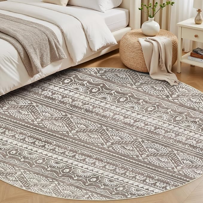 Tortania 6' Round Area Rug Living Room Rugs - Washable Large Soft Neutral Boho Moroccan Bohemian Farmhouse Rug Indoor Floor Carpet for Bedroom Under Dining Table Home Office Decor - Dark Brown