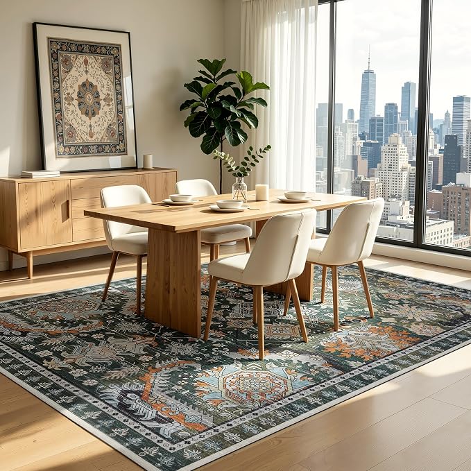 Ruaruarug Area Rug 5'×7', Non Slip Machine Washable Ultra Soft Stain & Fade Resistant, Pet & Kids Friendly, for Living Room/Bedroom/Kitchen/Classroom, Dark Green
