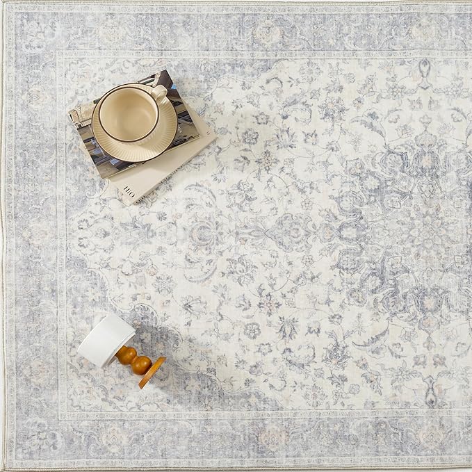PureCozy 8x10 Area Rug Washable Neutral Gray Vintage Floral | Non Slip, Soft Low Pile, Indoor Carpet for Living Room, Bedroom, Dining Room, Farmhouse Decor