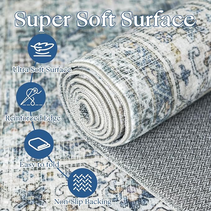 Beauoop 6x9 Washable Blue Neutral Vintage Oriental Area Rug for Living Room | Distressed Retro Traditional Pattern Non Slip Low Pile Soft Indoor Large Carpet Dusty Blue Bedroom Dining Room Office Nursery