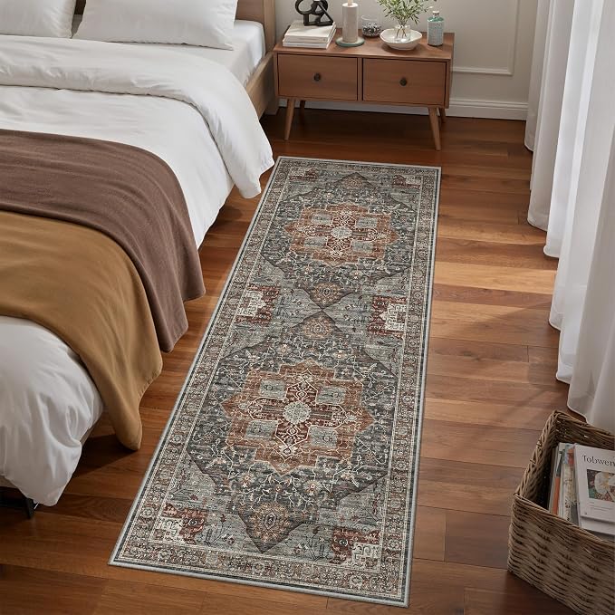 Roxstand 2x6 Washable Runner Rug, Non Slip Hallway Rugs Grey/Brown/Tan | Low Pile Vintage Rug, Stain Resistant, Distressed Runner Rugs for Entryay, Living Room, Bedroom Kitchen Laundry