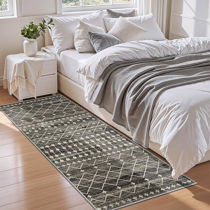 Miukiki 2x6 Hallway Runner Rug Moroccan Washable Kitchen Rug Non Slip Indoor Floor Kitchen Runner Rug Foldable Carpet for Bathroom Laundry Room with Low Pile(Black,2'x6')