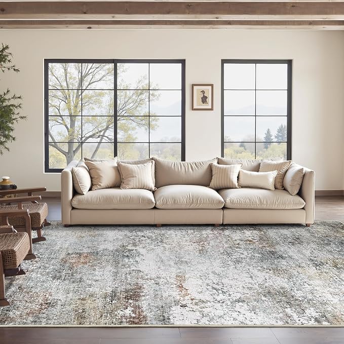 Art&Tuft Washable Rugs 8x10 - Stain Resistant Abstract Large Area Rugs for Living Room, 8x10 Area Rugs with Anti-Slip Backing, Foldable Machine Washable Area Rug(8'x10', Grey/Rust)