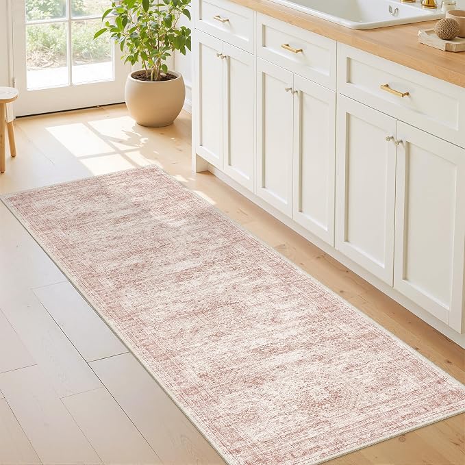 2x6 Runner Rug Non Slip,Washable Hallway Runner Rug,Pink | Neutral Rugs for Kitchen,Entryway,Bedroom,Bathroom,Nursery Room,Thin,Soft Runner Rug,Stain Resistant Indoor Carpet