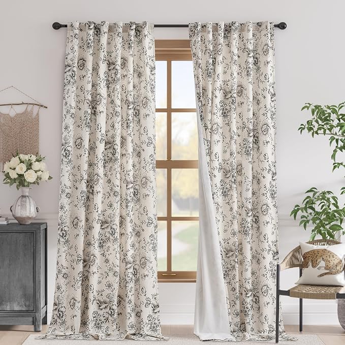 jinchan Floral Linen Blackout Curtains Lined 102 Inch Back Tab 2 Panels | Blackout lining, room darkening drapes, farmhouse, vintage, cottagecore, rustic, bedroom, living room, window treatment