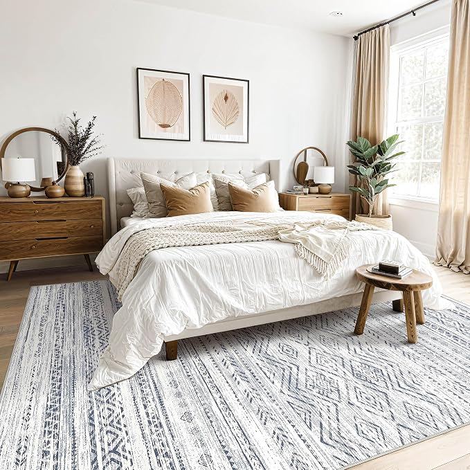 Tortania Area Rug Living Room Rugs- 12x18 Washable Large Soft Neutral Boho Moroccan Bohemian Farmhouse Rug Indoor Floor Carpet for Bedroom Under Dining Table Home Office Decor - Dark Blue