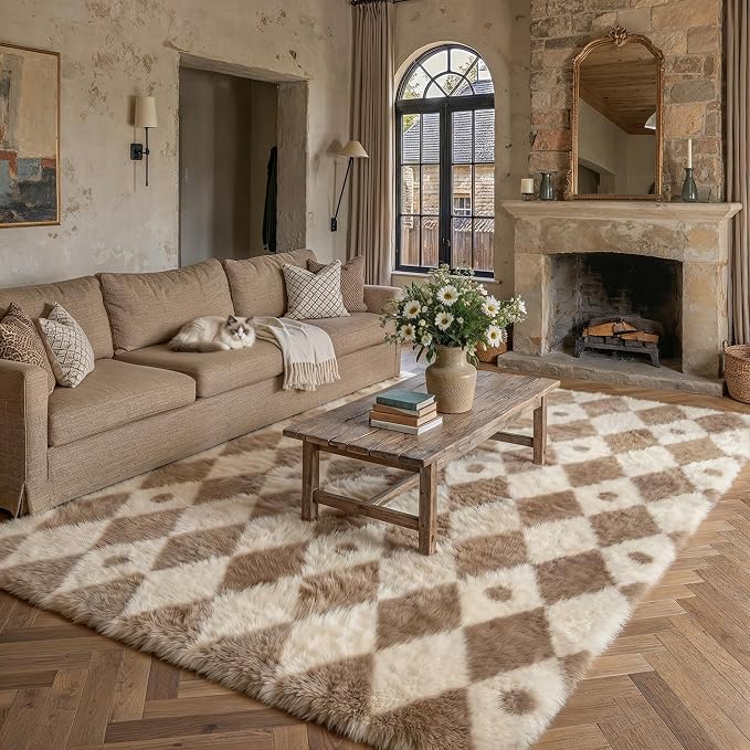 PureCozy Brown 8x10 Area Rug for Living Room Washable Non Slip Neutral Soft Bedroom Checkered Carpet Colorful Fluffy Modern Shag Fuzzy Indoor Large Aesthetic Bedroom Home Office Playroom Nursery