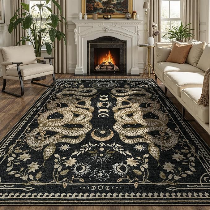 DCX Washable 6x9 Snake Rug, Black Gothic Rug for Living Room, Soft Low Pile Carpet, Kid & Pet Friendly with Rubber Back Non Slip, Stain Resistant Rug for Bedroom Dining Room Office