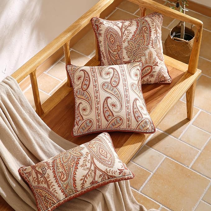 ISAENNE Vintage Linen Throw Pillow Cover,Set of 2,18"x18"-Chauffrey B | Designer Elegant Square Pillow Cover,Concealed Zipper Design,Cashew Pattern,Sofa,Bedroom,Living Room,Lounge Chairs