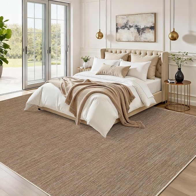 GarveeHome 9x12 Large Area Rug for Living Room Easy Jute Modern Rugs | Non Slip Low Pile Neutral Bordered Solid Tan Dining Room Rugs Washable Carpet for Bedroom Home Office Decor, Brown