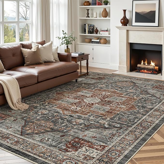 Roxstand 6x9 Washable Area Rug, Non Slip Living Room Rug Grey/Brown/Tan | Low Pile Vintage Rug, Stain Resistant, Non-Shedding Design, Pet & Kid Friendly, Carpet for Bedroom, Dining Room Office