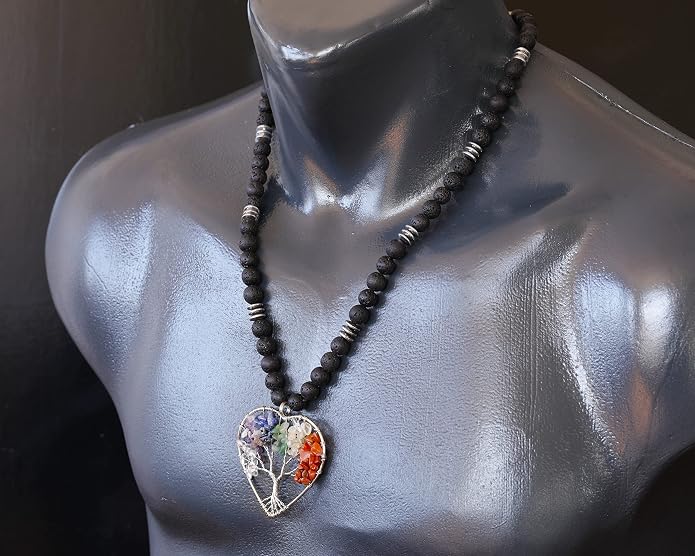 ElisaJewelryArt - Natural Labradorite Big Tree Of Life Black Lava Stone Beaded Necklace Genuine Gemstone Energy Stone Clasp Closure Necklace Unisex Necklace