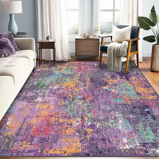 RELEANY Washable Area Rugs 10'x14 Non-Slip Modern Abstract Soft for Living Room Entryway Bedroom Kitchen, Print Pattern, Purple Orange Blue Green Rust Red Colorful