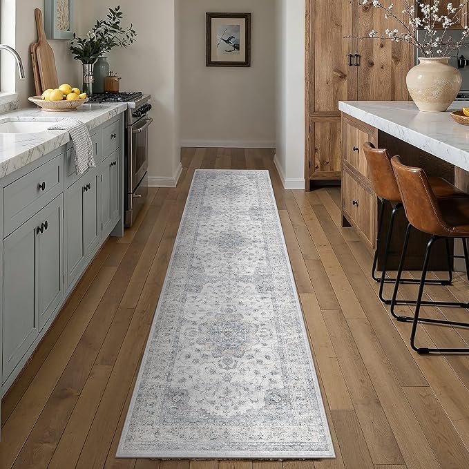 HUGEAR 2x12 Runner Rugs Machine Washable Vintage Blue Hallway Rug Soft Area Rug Carpet Non-Shedding Non-Slip Low Pile for Bedroom Kitchen Retro Aesthetic Modern Decor