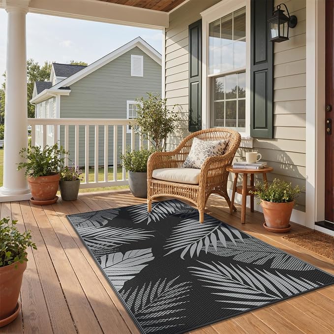 GENIMO Outdoor Rug 3'x5' Waterproof for Porch, Plastic Door Mat Black Grey | Outside Leaf Carpet for Patio Decor, Balcony, Deck, Backyard, Picnic, Camping, RV, Reversible, Foldable, Lightweight