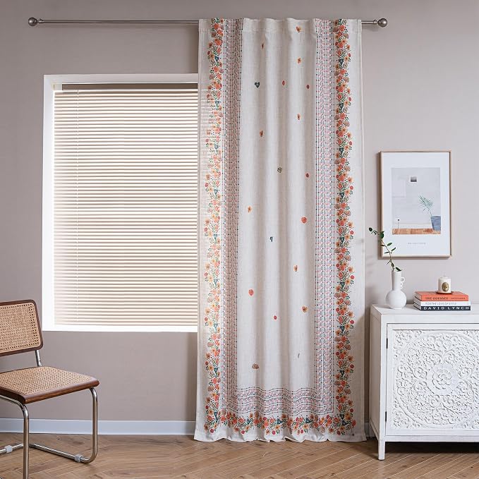 MYSKY HOME Boho Floral Curtains for Living Room 2 Panels Linen Semi Sheer Flower Curtains & Drapes 84 Inches Length Farmhouse Room Decor Style Back Tab for Dining Room, Yellow, 50" x 84"
