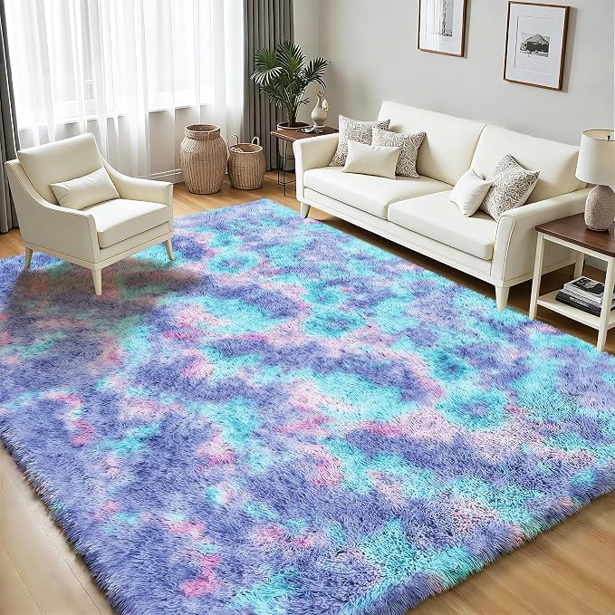 Rainbow 8x10 Fluffy Rugs for Girls Bedroom: Large Shag High Pile Area Rug Upgrade Non-Slip Plush Fuzzy Living Room Rug Shaggy Soft Indoor Floor Carpet Nursery Rugs for Kids Baby Toddler Home Decor