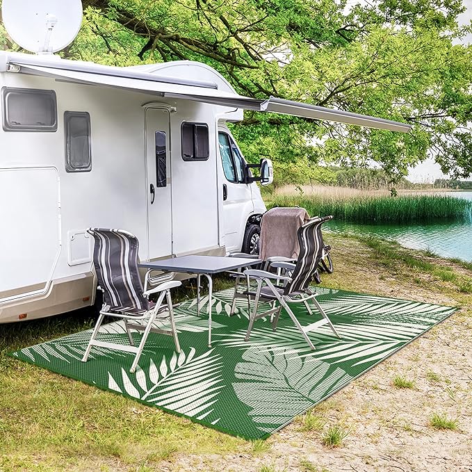GENIMO Outdoor Rug, Waterproof Plastic Rugs for Patio, 9'x12' Dark Green | Outside Larger Leaf Carpet Mat for Porch Decor, Deck, Balcony, Camping, RV, Backyard, Picnic, Beach, Reversible, Foldable