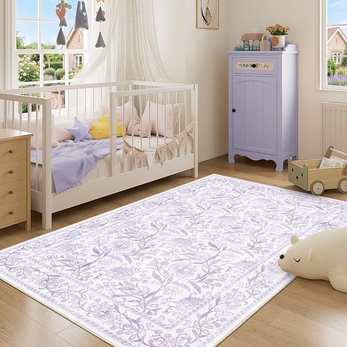 DUKINO 4x6 Area Rug, Washable Vintage Floral Rug for Living Room, Purple | Non Slip, Low Pile, Stain Resistant Boho Lightweight Soft Indoor Carpet for Bedroom Office Dining Room Entryway Farmhouse
