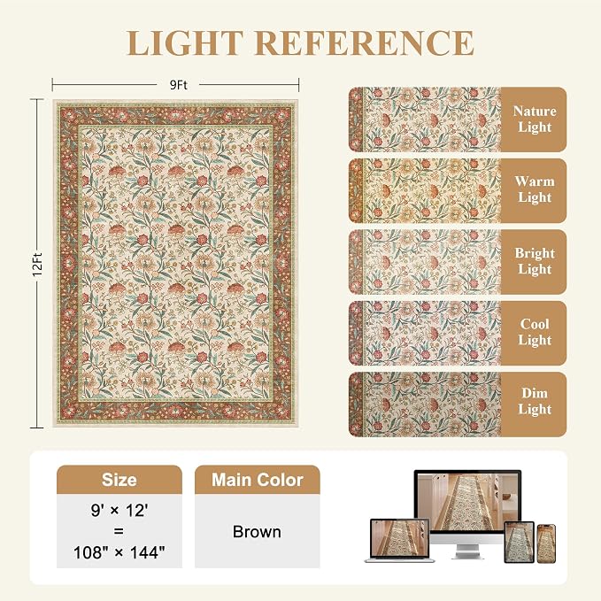 DUKINO 9x12 Area Rug for Living Room, Vintage Floral Washable Rug, Brown | Non Slip, Low Pile, Non-Shedding, Stain Resistant, Aesthetic Soft Indoor Large Carpet for Bedroom Dining Room Farmhouse