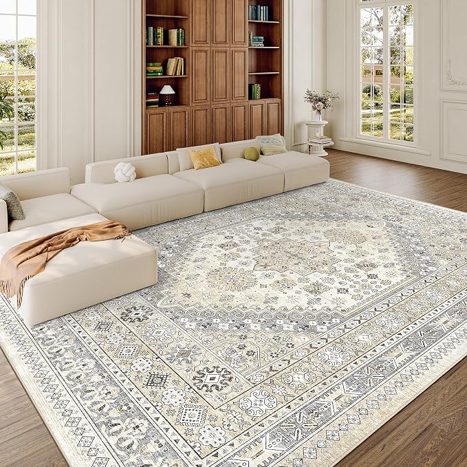 zesthome 8x12 Area Rugs,Stain Resistant Washable Rug,Ultra-Thin Rugs for Living Room,Bedroom,Non-Slip Backing Home Decor Large Area Rug (Beige,8'x12')