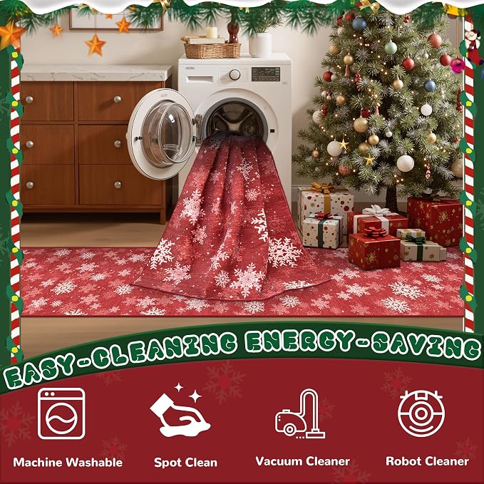 2x5 Christmas Runner Rug for Kitchen, Snowflake Rugs for Bathroom, Washable Hallway Runner with Non-Slip Backing, Soft Red and White Christmas Decor Indoor(2'x5', Red/White)