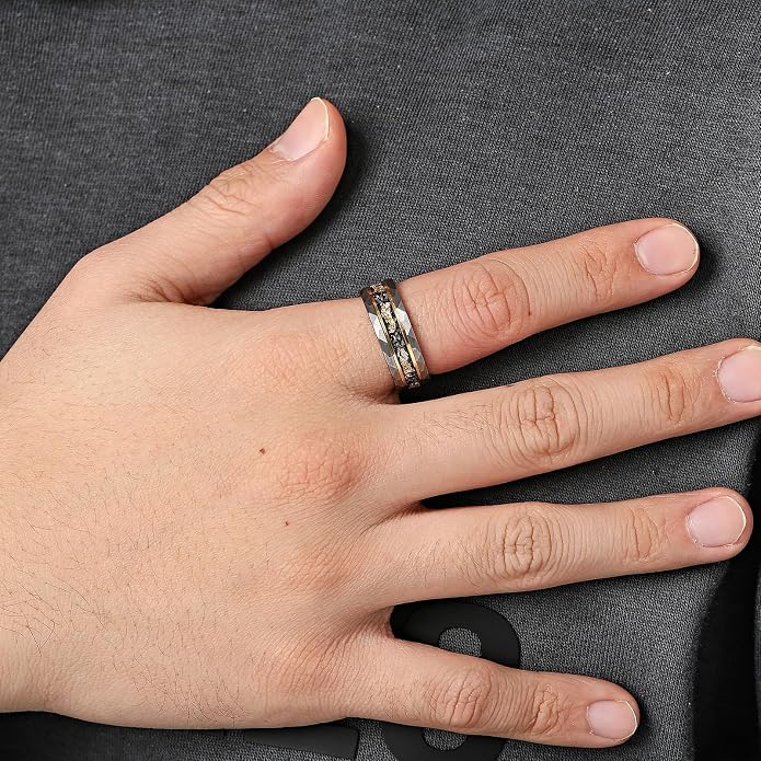 Mens Tungsten Carbide Wedding Bands 8mm Black Hammered Edge Gold Foil Inly Durable Scratch Proof Stainless Steel Cool Promise Ring for Him Comfort Fit