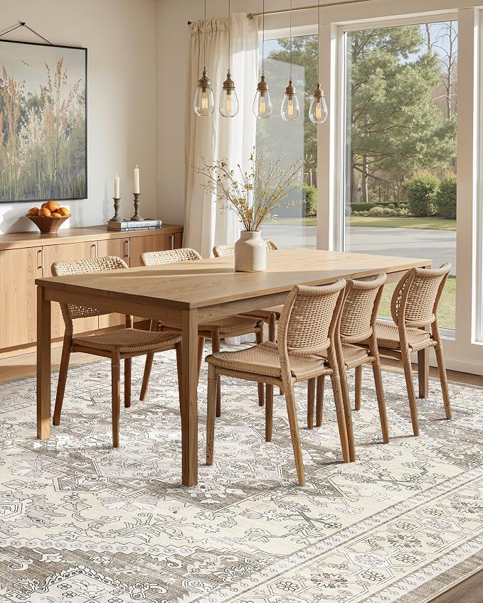 5x8 Vintage Area Rug: Washable Neutral Soft Non Slip Thin Large Floor Carpet for Living Room Bedroom Kitchen Dining Room Home Office Farmhouse Indoor - Brown