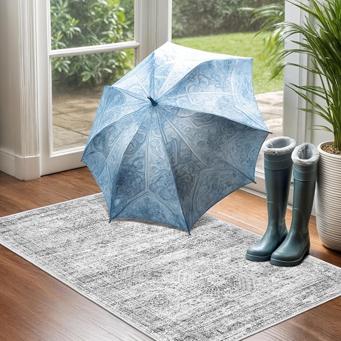 2x3 Rug Non Slip, Small Washable Entryway Rug,Grey | Welcome Mat,Runner for Kitchen,Front Door,Bathroom,Bedroom,Thin Area Rug,Soft Foldable Indoor Carpet,Stain Resistant