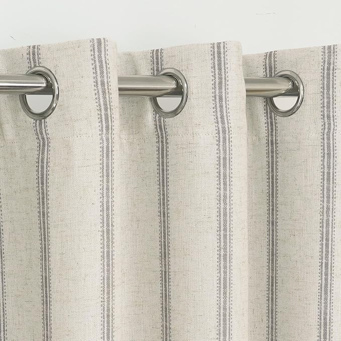DriftAway Farmhouse Linen Stripe Blackout Curtains, W52xL36, Gray | Blackout, Linen Texture, Stripe Pattern, Rod Pocket & Back Tab, Two Layers, Bedroom Living Room Use, Sound Reducing Design