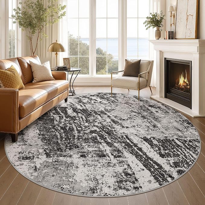 DMOYEST 8ft Round Washable Area Rug for Living Room: Modern Abstract Neutral Circle Carpet, 8x8 Soft Low Pile Non-Slip Floor Mat for Bedroom Under Dining Table, Kids & Pet - Black