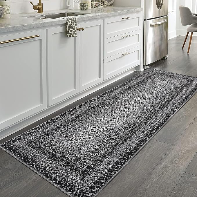 2x6 Boho Runner Rug Braided Print Hallway Area Rug Machine Washable Throw Floor Cover Non Slip Moroccan Runner Carpet for Kitchen Farmhouse Rustic Carpet for Living Room Bedroom, Black