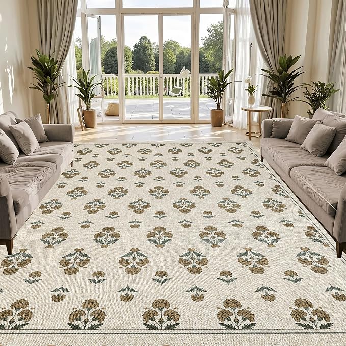 ORTIGIA Scalloped Easy Jute 8x10 Area Rug Vintage Yellow Block Floral Farmhouse Washable Rug Non-Slip Indoor Outdoor Carpet for Living Room Bedroom Patio Entryway