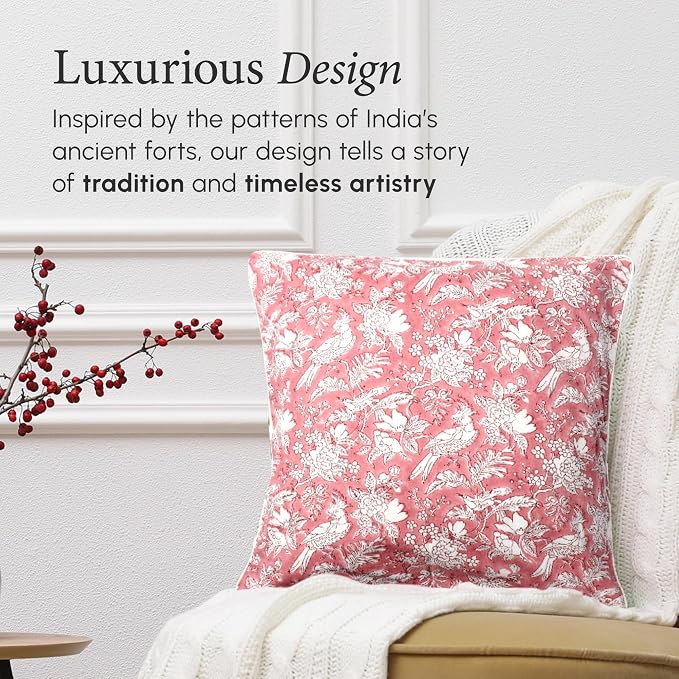 CPC 100% Cotton Throw Pillow Covers 20x20 Inch, Set of 2 Pink Block Print Pattern Couch Pillow, Cute Boho Decorative Pillows for Living Room, Bedroom with Hidden Zipper- Pink Coral