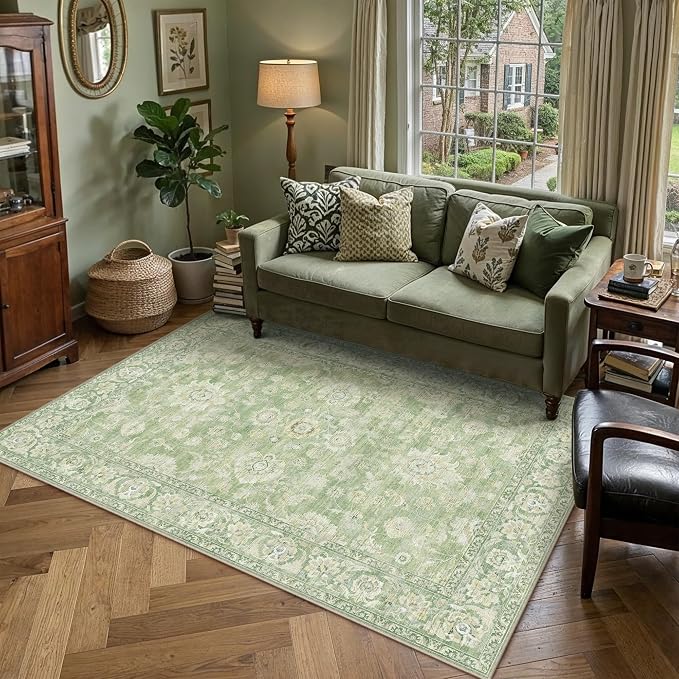 6x9 Green Washable Area Rug for Living Room Bedroom Neutral Floral Soft Non Slip Rug Low Pile Distressed Carpet for Dining Room Nursery Office Indoor