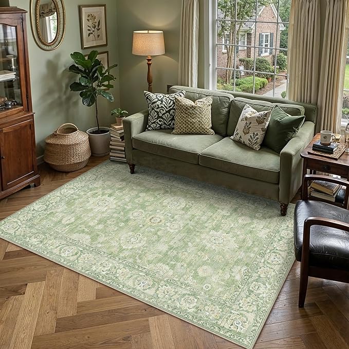 5x7 Green Washable Area Rug for Living Room Bedroom Neutral Floral Soft Non Slip Rug Low Pile Distressed Carpet for Dining Room Nursery Office Indoor