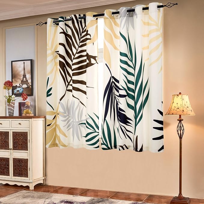 SUBRTEX Boho Leaf Printed Curtains 63 inch Long 2 Panels, Room Darkening Vibrant Floral Drapes, 50% Blackout Light Flitering, Semi Sheer Farmhouse Curtains for Living Room, 52Wx63L, Yellow Leaf