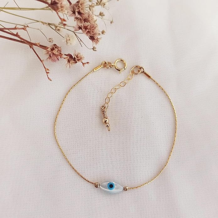 Minimalist Evil Eye Charm Bracelet – Handmade Delicate Good Luck Jewelry for Women – Adjustable 6.5” + 1” Extender