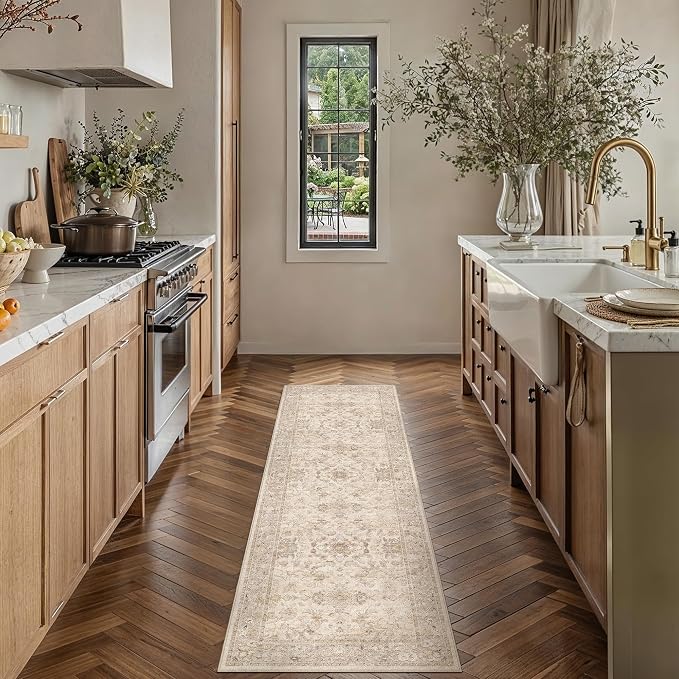 2x6 Beige Washable Runner Rug Non Slip Vintage Carpet | Soft Low Pile, Lightweight Foldable, Pet Friendly, Hallway, Kitchen, Bathroom, Front Door, Beside Bed
