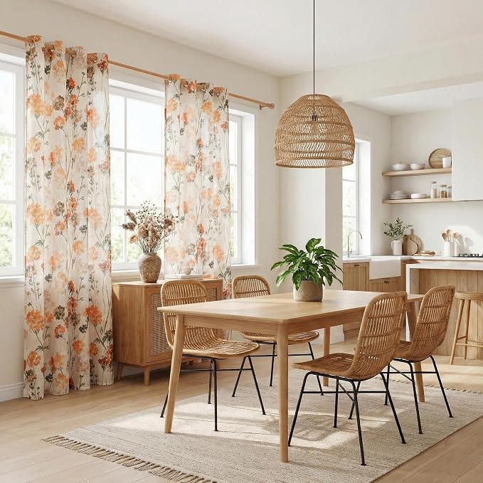 MYSKY HOME Linen Floral Sheer Curtains for Living Room 84 inch Length 2 Panels Set Printed Window Curtain for Bedroom,Light Flightering & Privacy Protection Grommet Drapes,Orange, W52 Each Panel