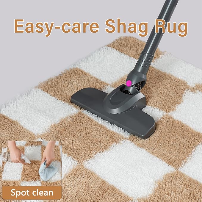 PureCozy 5x5 Round Rugs for Living Room Brown Soft Shag Checkered Rug Modern Washable Indoor Office Fuzzy Carpet Non-Slip Fluffy Rugs for Bedroom Nursery Dorm Playroom Home Aesthetic Decor
