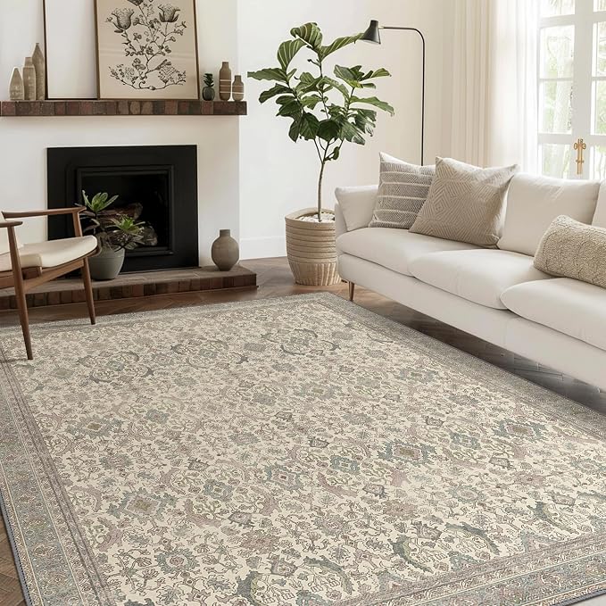 BESBLEE 4X6 Area Rugs Machine Washable Rugs for Living Room, Vintage Boho Large Rugs for Bedroom Dining Room, Non Slip Indoor Soft Distressed Lightweight Thin Low Pile Carpet, Cream
