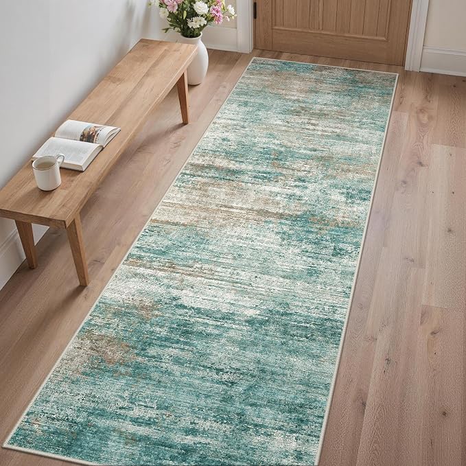 GENIMO Runner Rug Non Slip 2'6"x8', Washable Rug Runner for Hallways Kitchen, Abstract Modern Kitchen Rugs, Low Pile Lightweight Carpet Runners for Entryway, Bedroom, Laundry, Teal Brown