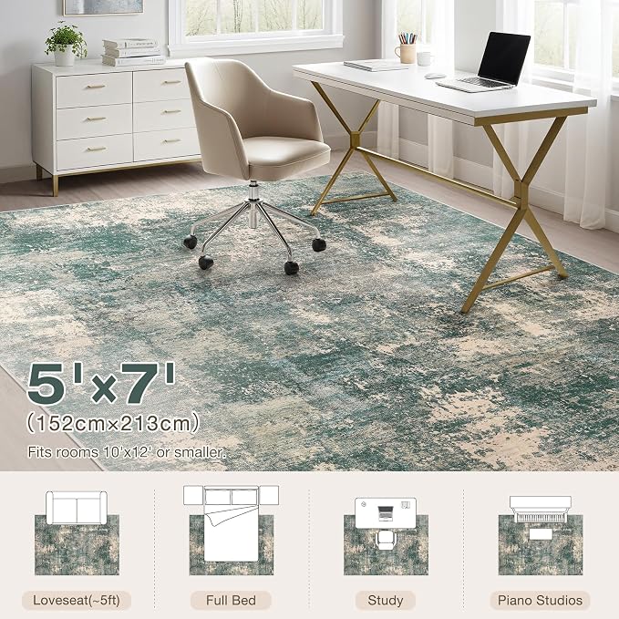 Abstract 5x7 Area Rug: Machine Washable Non Slip Ultra Thin Low-Pile Carpet, Soft Stain Resistant for Living Room Bedroom Nursery, Kid Pet Friendly, Robot Vacuum Compatible - Dark Green/Beige