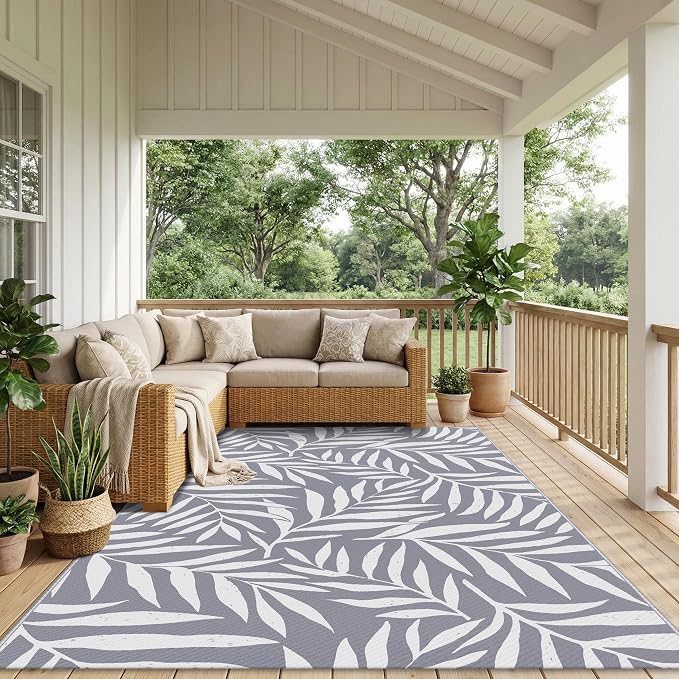 Smiry Outdoor Rug 5x8 ft, Waterproof Reversible Plastic Straw Rugs, Outdoor Area Rug with Leaf Pattern, Outside Floor Mat for Patio, Backyard, Deck, Picnic, Beach, Camping, Grey & White
